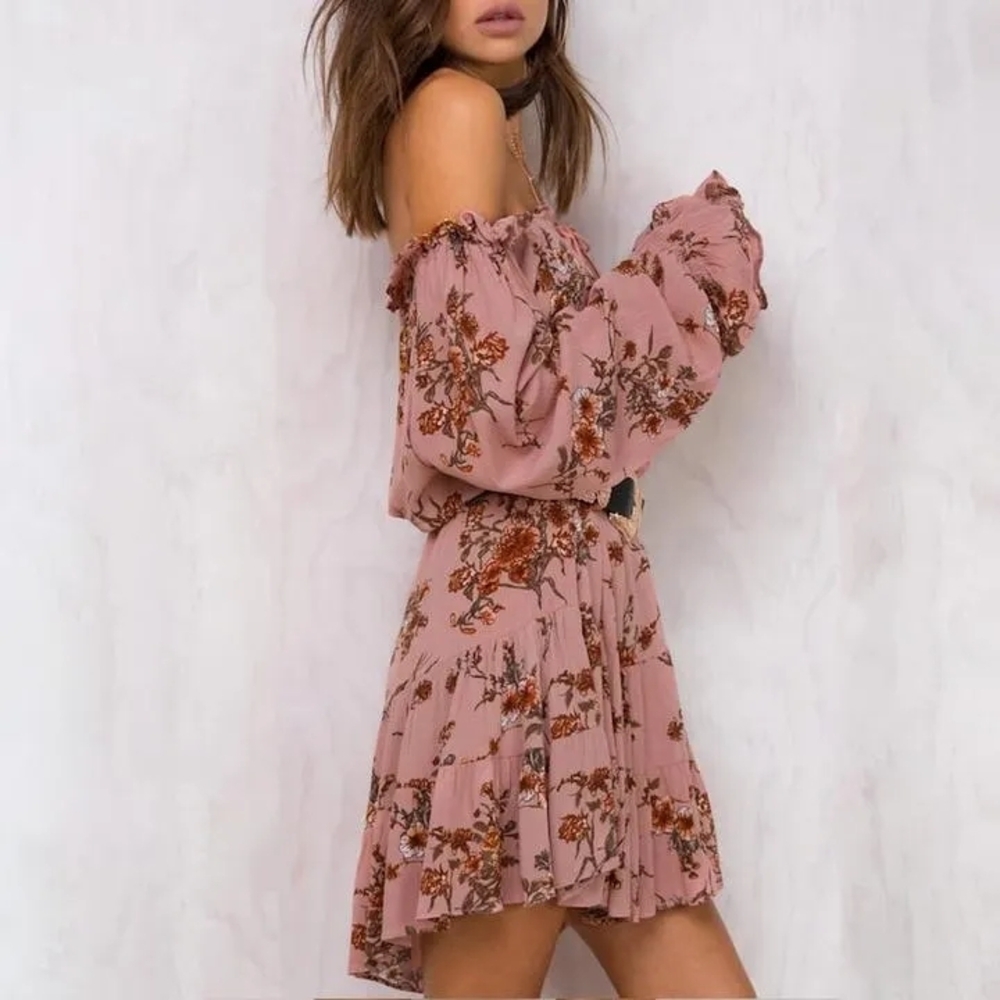 Simplee Apparel Floral Off-Shoulder Dress in Mauve